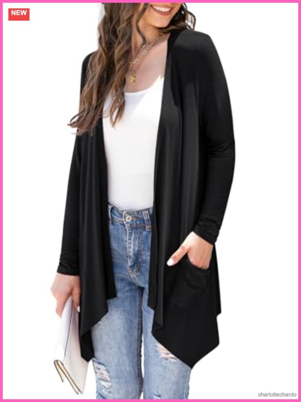 Lightweight Open Front Cardigan with Pockets High Low Hem Draped Duster